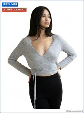 100% Cashmere Wrap Top with Tie Front V Neck Ballet Sweater 12 Gauge Fine Knit